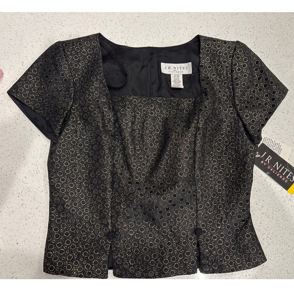 JR Nites by Caliendo Black Gold Metallic Evening Top Square Neck Size 6 NEW‎